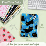 Stanoha Cute Spiral Notebook A5 Journal for Women Girls Kawaii Aesthetic Pretty Floral Design with Pocket, 8.5 x 5.7 inch, Line, Blue Black Cat