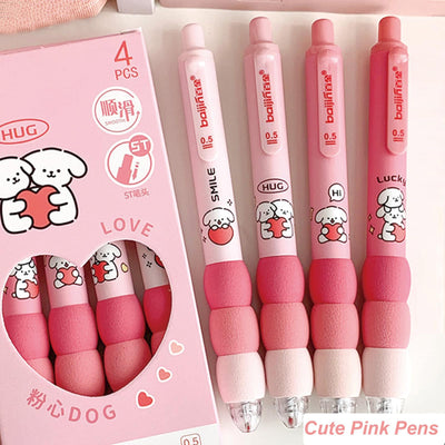 MOZXIRZ 4 Pcs Cute Gel Pens Aesthetic Retractable Pens Cartoon Soft Grip Pen 0.5mm Black Ink Pen Kawaii Office School Pens Supplies for Women Men (Pink Puppy)