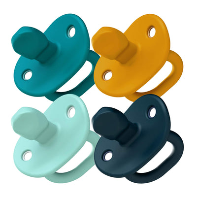 Four colorful pacifiers in teal, orange, mint, and navy on a white background