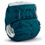 Teal cloth diaper with button closure on a white background