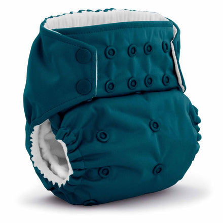 Teal cloth diaper with button closure on a white background