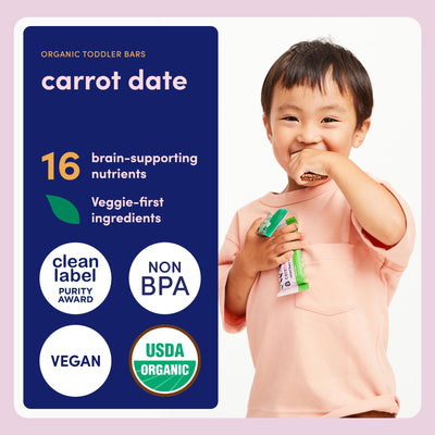 Cerebelly Organic Toddler Smart Bars 40-Count, Carrot Date Smart Bars, 16 Brain-Supporting Nutrients, No Added Sugar, Gluten Free, Nut Free, Kids Snacks