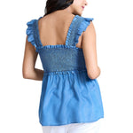 Motherhood Maternity Women's Babydoll Sleeveless Smocked Peplum Pregnancy Tank Top with Ruffle Back Detail, Medium Wash