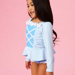 RuffleButts Girls UPF50+ Princess Dress-Up Long Sleeve Rash Guard 2-Piece Swimsuit - Crystal Blue Princess, 2T