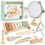 Baby Musical Instruments Set - 9pcs Neutral Colors Wooden Montessori Toys Percussion Music Modern Boho Xylophone Birthday Gifts for 1 2 3 Year Old Kids Toddlers Educational Birthday