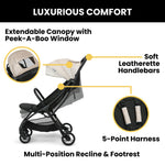 Jeep Altitude Compact Travel Stroller by Delta Children Greenguard Gold, Easy One Hand Fold, Lightweight, Extendable Canopy with Peek-a-Boo Window, Reclining Seat, 4 Wheel Suspension, Tan