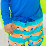 RUGGEDBUTTS Boys UPF50+ Sun Protection Dolphin Hem Swim Trunks - Neon Sharks & Stripes, 3T
