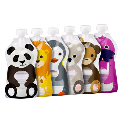 Set of animal-themed pouches on a white background