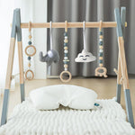 Wooden Baby Play Gym Foldable Baby Play Gym Frame Activity Gym Hanging Bar with 5 Gym Baby Toys Natural for Newborn Baby (Foldable Grey)