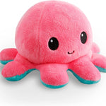 Pink plush octopus toy with black eyes on a white background