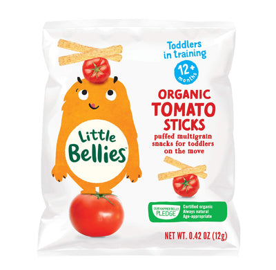 Little Bellies organic tomato sticks packaging on a white background