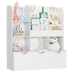 FOTOSOK 47'' Kids Bookcase and Bookshelf, Multifunctional Bookcase with 5 Storage Cubbies and 3 Movable Drawers, Bookcase Display Stand, Toy Storage Organizer for Bedroom, Playroom, Hallway, White