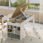 Gyfimoie Kids Art Table and 2 Chairs Set,3 in 1 Wooden Craft Desk with 2 Drawers,3 Fabric Drawers,Storage Shelf,Paper Roll,Learning and Reading, Activity Play Desk for Home