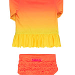 RuffleButts Baby/Toddler Girls Scalloped Long Sleeve Rash Guard 2-Piece UPF50+ Sun Protected Swimsuit - Neon Citrus Sunrise, 2T