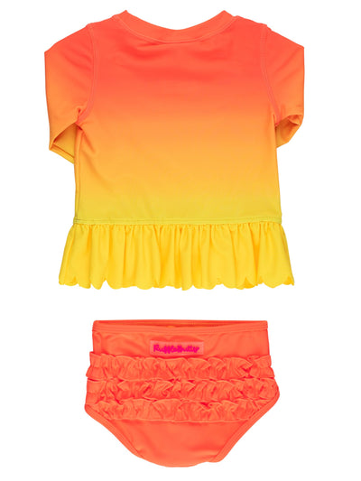 RuffleButts Baby/Toddler Girls Scalloped Long Sleeve Rash Guard 2-Piece UPF50+ Sun Protected Swimsuit - Neon Citrus Sunrise, 2T