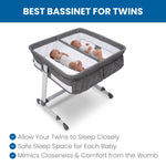 Simmons Kids By The Bed City Sleeper Bassinet for Twins - Adjustable Height Portable Crib with Wheels & Airflow Mesh, Grey Tweed