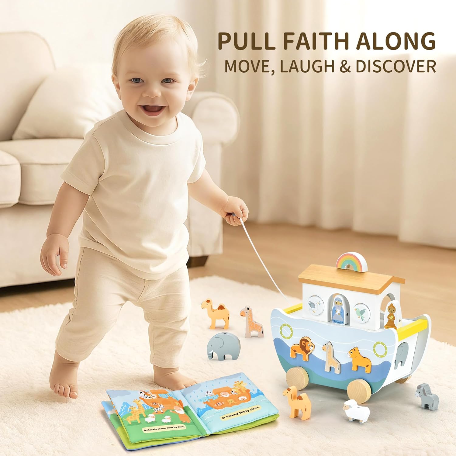 Wooden Noah's Ark Pull Along Toy with Bible Story Cloth Book - Montessori Sorting Set for Toddlers - Religious Baptism Gift for Boys & Girls -Christian Preschool Learning Toy for Kids