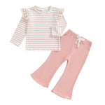 FOCUSNORM Toddler Baby Girl Outfits Ruffle Long Sleeve Striped Trim Tops + Flare Pants Set Toddler 2Pcs Fall Winter Clothes (Striped Pink, 18-24 Months)