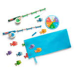 Children's fishing toy set with rods, hooks, and colorful fish on a white background