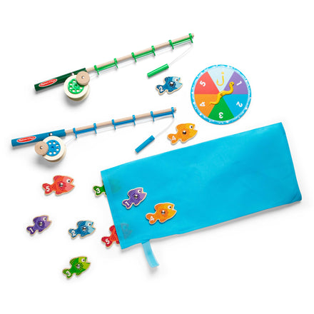 Children's fishing toy set with rods, hooks, and colorful fish on a white background