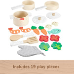 Fisher-Price Wood Kitchen Pretend Play Toy Pots & Pans Set, 19-Piece Playset Wooden, Metal & Fabric for Preschool Kids Ages 3+ Years