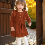 Kucnuzki 3T 4T Girl Clothes Toddler Girl Thanksgiving Dress Outfit Long Sleeve Round Neck Baby Clothes Fall Winter Outfit Brown Casual Flare Dresses for Kids