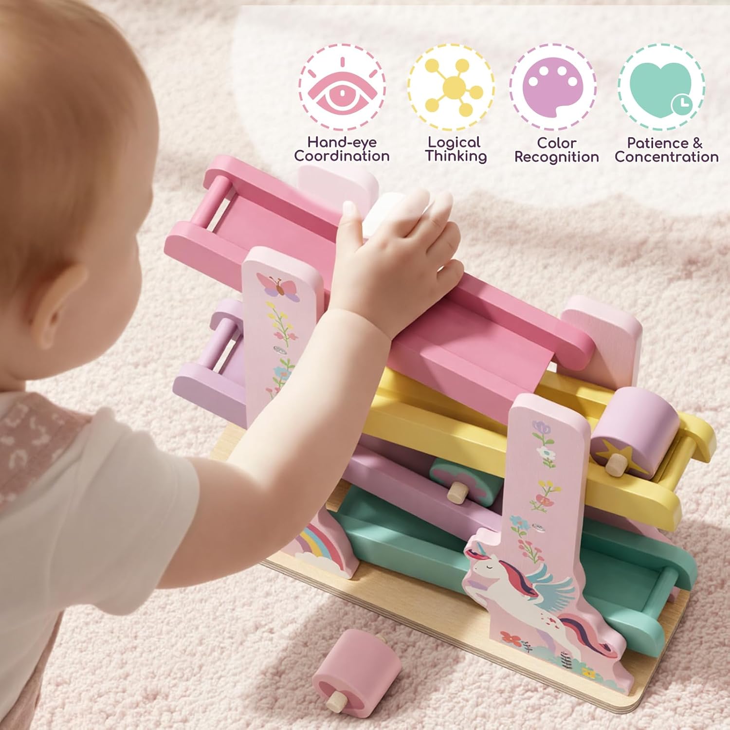 Lehoo Castle Wooden Car Ramp Toys for 1 Year Old Girl Birthday Gifts, Unicorn Montessori Toys for One Year Old, Wooden Race Track with 4 Rollers, for Toddlers 1-3 Year Old