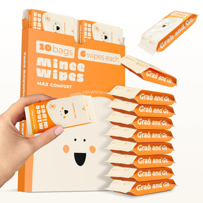 Packaging of Mince Wipes with a hand holding one, on a white background