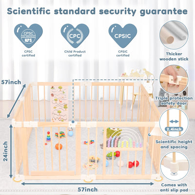 Foldable Wooden playpen,Baby Playpen,playpen for Babies and Toddlers,Baby Activity Center with Baby Gate,Portable Large playpen with Adjustable Shape and Size,Baby Fence Play Area (56x56x24inches)