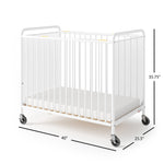 Foundations Chelsea Clearview Metal Compact Daycare Crib, 3" Casters, Compact Mini Size, Easy to Clean Durable Finish, Adjustable to Two Heights Mattress Board (White)