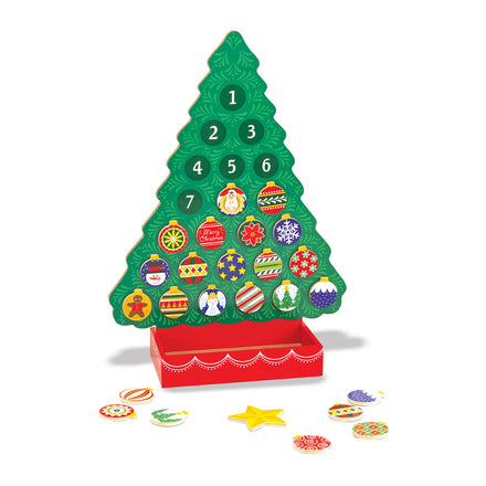 Christmas tree-shaped Advent calendar with colorful ornaments on a white background