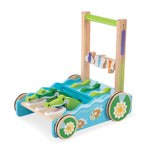 Wooden toy with wheels and a pull bar on a white background