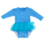RuffleButts Baby Girls UPF 50+ Sun Protection Tulle Skirted Long Sleeve One Piece Rash Guard Swimsuit - by The Seaside, 12-18m