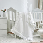 3 Pieces Crib Bedding Set Baby Ruffle Quilted Comforter with Fitted Sheet and Pillowcase - Cute Ruffled Shabby Chic Bedding Soft Blanket Design White