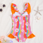 Kucnuzki Baby Girl Bathing Suit One Piece Swimsuit Orange Flower Bikini Set Baby 4T 5T Swimsuit Girls Toddler Ruffled Sleeveless Bathing Suits for Kids