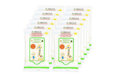 Multiple packages of Purdoux baby wipes on a white background