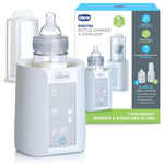 Chicco digital bottle warmer and sterilizer with packaging on a white background