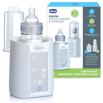 Chicco digital bottle warmer and sterilizer with packaging on a white background