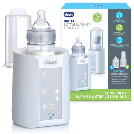 Chicco digital bottle warmer and sterilizer with packaging on a white background