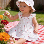 Vibebox Baby Girl Dresses 3-6 Months Ruffle Sleeveless Button Cotton Clothes Birthday Gifts Infant Girls 6 Months White Cherries Summer Beach Garden Party Wedding Casual Dress with Cute Hat and Bag