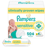 Pampers Sensitive Baby Wipes, Clinically Proven, Fragrance Free, Unscented, Water Based, Hypoallergenic, Multi-Use, Hand Wipes 504 Wipes Total (6X Flip-Top Packs) [Packaging May Vary]