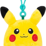Plush keychain of Pikachu with a teal clip on a white background