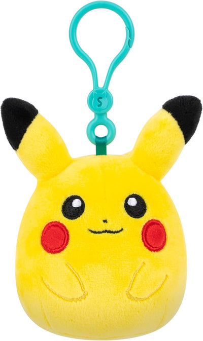 Plush keychain of Pikachu with a teal clip on a white background