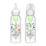 Two Dr. Brown's baby bottles with cartoon designs on a white background