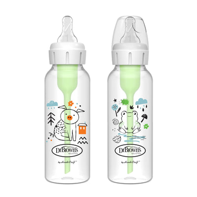 Two Dr. Brown's baby bottles with cartoon designs on a white background