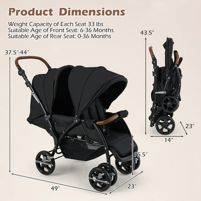 INFANS Double Stroller, Foldable Baby Tandem Stroller with Djustable Backrest Canopy Footrest, 5-Point Harness, Storage Basket, Convertible Compact Twin Stroller for Infants and Toddlers