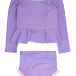 RuffleButts Girls UPF50+ Princess Dress-Up Long Sleeve Rash Guard 2-Piece Swimsuit - Amethyst Princess, 2T