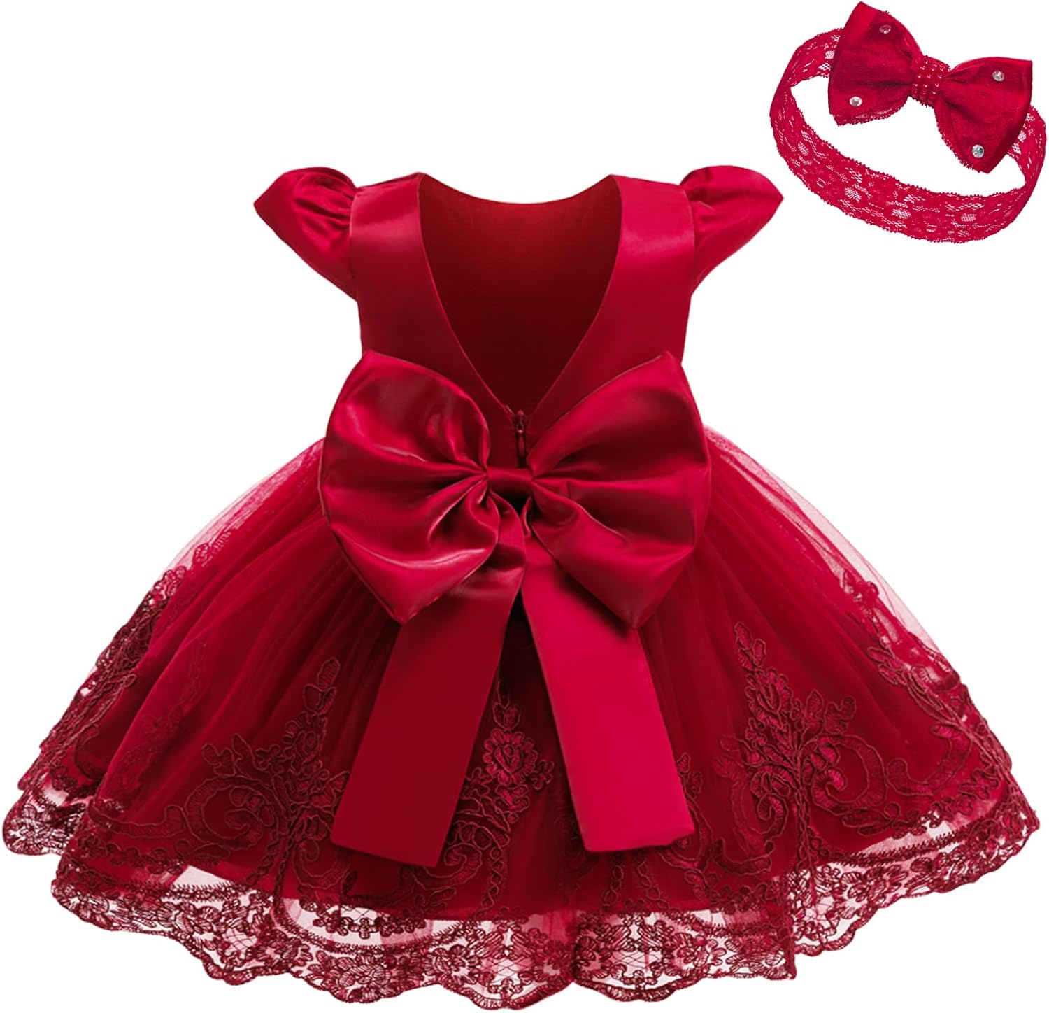 3M-3T Toddler Baby Girls Dresses Pageant Wedding Flower Girls Dress Formal Gowns Embroidered Lace Dress + Headwear