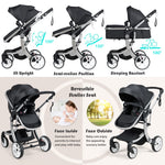 BABY JOY 2-in-1 High Landscape Baby Stroller, Reversible Bassinet Reclining Stroller, Foldable Push Chair w/Adjustable Canopy, Storage Bag, Foot Cover, Rain Cover & Net, Aluminum Alloy Frame (Black)