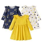 PATPAT 3-Packs Toddler Girl Floral and Polka Dots Long-Sleeve Dress Set 4-5 Years, White&Yellow&Blue